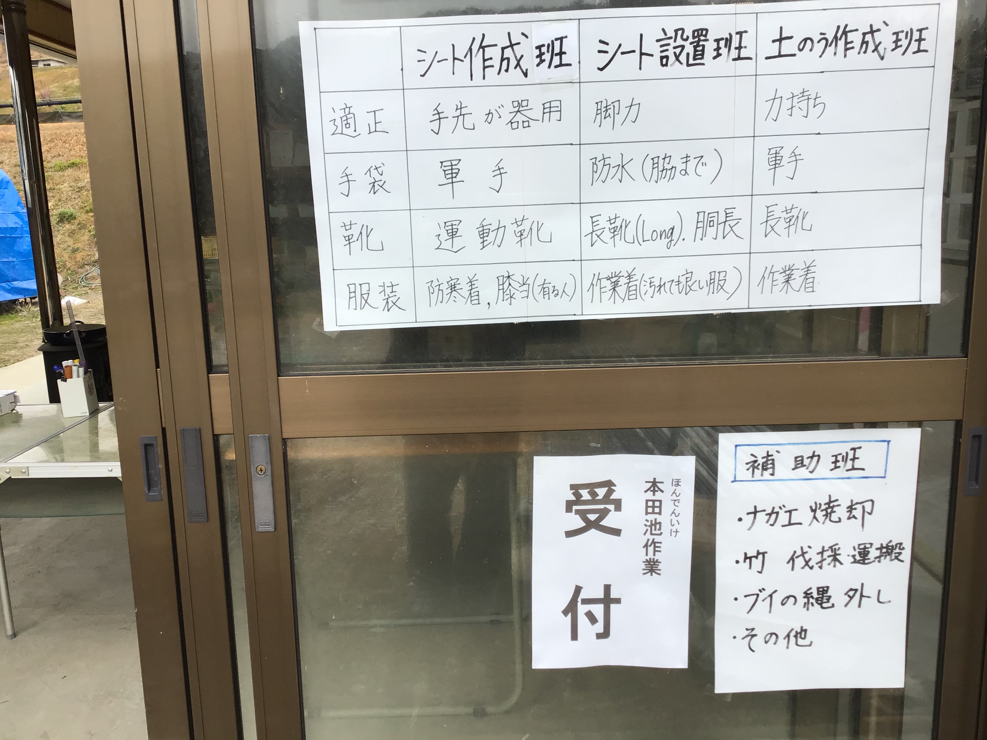 駆除活動受付建屋入口に張られた作業内容。これは便利。田主役員の岡本賢三さんの奥様が受付でした。走り回られていました。
